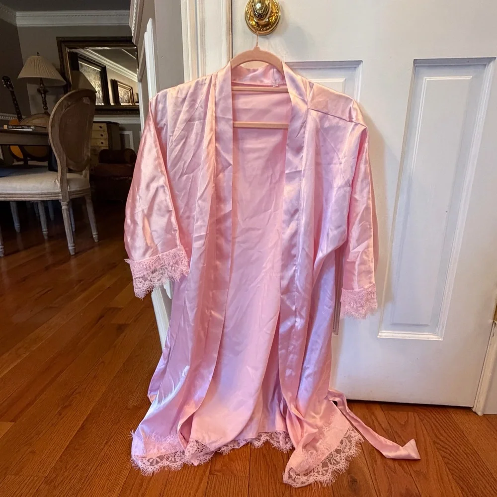 Pink Satin Lace-Trim Robe - Women's Intimates - Picture 2 of 4
